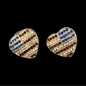 Heart-Shaped American Flag Rhinestone Earrings With Red White & Blue Crystal Des